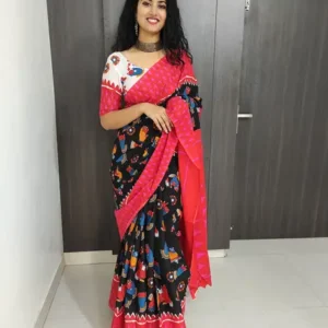 Blocked Printed, Hand Painted, Printed, Self Design, Graphic Print Ikkat Pure Cotton Saree  (Red)